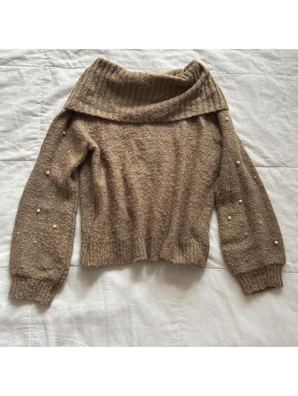 Axes Femme Camel Brown Pearl Cable Knit Off Shoulder Balloon Sleeve Sweater M